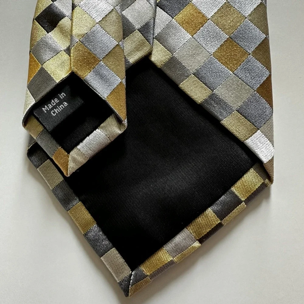 Bugatti Men's‎ Necktie 100% Silk Geometric Checkered Pattern Gray Gold